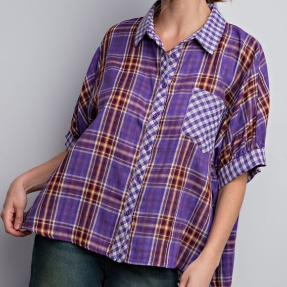 Easel Purple Plaid Oversized Button Down Top NWT M - Picture 3 of 10